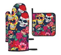Sugar And Skulls And Flowers Print Oven Kitchen Gloves Baking Grilling Microwaving Cooking Home Restaurants Gift Set