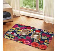 Sugar and Skulls and Flowers print Pet Food Mat Absorbent Non-Slip PU Leather Feeding Mat for Dogs Cats Pet Bowl Placemat