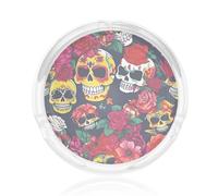 Sugar And Skulls And Flowers Print Round Glass Ashtray For Decor Living Room Bedroom Meeting Room Smoking Accessory