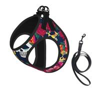 Sugar and Skulls and Flowers Print Small Dog Harness with Leash Set, No Escape Easy Walk Puppy Harnesses for Training Walking