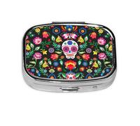 Sugar and Skulls and Flowers Print Square Metal Pill Box Decorative Pill Case - Carry Your Meds in Style (Rectangular)