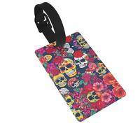 Sugar and Skulls and Flowers Printed Small Luggage Tags Portable Bag ID Holders with Adjustable Strap for Travel Gear