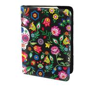 Sugar And Skulls And Flowers Printing Cowhide Passport Holder,Passport Cover,Travel Card Cover Case For Men Women,Documents Protector, Black, One Size