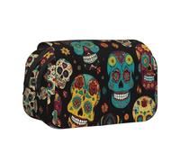 Sugar And Skulls Print Double Clamshell Pen Case, Zipper Pockets, Large Capacity For Art Supplies & Travel