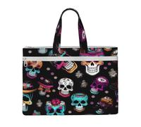 Sugar And Skulls Style Print Lightweight Foldable Canvas Tote File Bag For Documents Office Supplies Work Travel