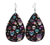 Sugar and Skulls Style Printed Teardrop Leather Earrings, Fashion Water Drop Dangle Accessory for Holiday Party