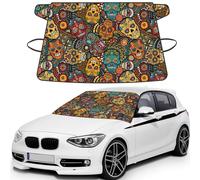 Sugar and Skulls Style Printed Winter Car Protector, Waterproof Coated Snow Shield, Secure Mirror Strap Auto Cover