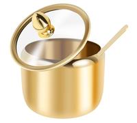 Sugar Bowl with Lid and Spoon, 10oz Gold 304 Stainless Steel Sugar Container, Modern Salt Pot & Spice Jar with Clear Glass Lid Seasoning Pot for Home Kitchen Coffee Bar Hotel Service Dishwasher Safe
