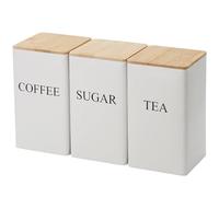 Sugar Container, Coffee Tea Sugar Container Set of 3 Iron Tea Coffee Sugar Canister Set with Airtight Bamboo Lid and Name Marker Simple Square Kitchen Canister Set for Coffee Tea Sugar Storage White