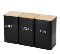 Sugar Container, Coffee Tea Sugar Container Set of 3 Iron Tea Coffee Sugar Canister Set with Airtight Bamboo Lid and Name Marker Simple Square Kitchen Canister Set for Coffee Tea Sugar Storage Black