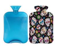 Sugar Flower Skull Hot Water Bottle with Cover, Day of The Dead Skull 2L Hot Water Bag for Pain Relief, Neck Soft and Shoulder, Hand Feet Warmer, Hot and Cold Compress for Adult Kids
