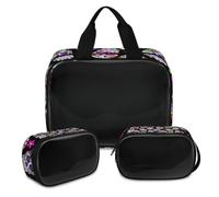 Sugar Flower Skull Makeup Bag for Women Men, Colorful Skull Translucent Cosmetic Bag Wash Pouch Shower Bag 3 Pcs Travel Toiletry Toiletries Cosmetic Organizer