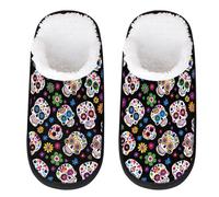 Sugar Flower Skull Slipper for Women Men Day Of The Dead Skull Travel Slippers Foldable Indoor Plush Lining Slip on House Slippers Memory Foam Warm Home Sock Shoes L