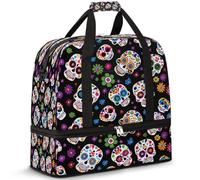 Sugar Flower Skull Travel Duffel Bag for Women Men, Day of The Dead Skull Foldable Sports Gym Bag Weekend Overnight Totes Carry on Cabin Bag with Shoes Compartment