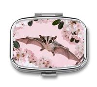 Sugar Glider Over Cherry Blossoms Pill Box - 2 Compartment Travel Pill Organizer with Small Mirror, Portable Pillcase for Pocket & Purse, Cute Square Medicine Case, Weekly Medicine Container