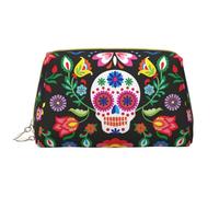Sugar Horror Skull and Flowers Leather Hand-Held Zipper Makeup Bag Cute Make Up Case Large Wide-Open Pouch Pen Case