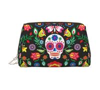 Sugar Horror Skull and Flowers Leather Makeup Bag for Travel, Portable Cosmetic Organizer, Make Up Bag with Zipper