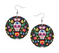 Sugar Horror Skull And Flowers Leather Round Earrings Color Valentine'S Day Festival Activities Fashion Women'S
