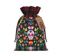 Sugar Horror Skull and Flowers print Color-blocked linen drawstring gift bag, gift bag, candy bag, storage bag