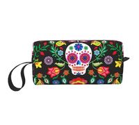 Sugar Horror Skull and Flowers Print Foam Padded Cosmetic Case Simple Organizer Pouch Lightweight Travel Bag for Space Saving
