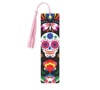 Sugar Horror Skull and Flowers Print Wooden Bookmark with Tassel, Exquisite Pattern Ideal Gift for Book Lovers, for Home Office Library