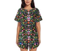 Sugar Horror Skull And Flowers Women'S Pajama Set Lounge Wear With Short Sleeve Tops And Shorts For Relaxed Home Black