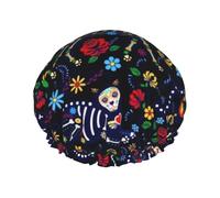 Sugar Horror Skull Print Shower Cap - Reusable, Double Layer, Hotel Travel Essentials, Salon Shower Hat Accessories L