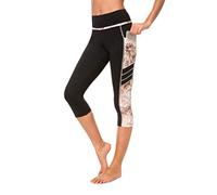Sugar Pocket Womens Yoga Capris Running Workout Tummy Control Legging with Side Pocket, XL, Black/Print