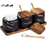Sugar Pot Set, 3 Pcs Seasoning Container with Lid, 360ml/12oz Spice ceramic Jars, Salt Container (Black)