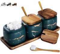 Sugar Pot Set, 3 Pcs Seasoning Container with Lid, 360ml/12oz Spice ceramic Jars, Salt Container (Green)