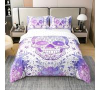Sugar Skull 100% Cotton Bedding Set Double Size,Purple Floral Skeleton Halloween Bedding Set for Kids Girls Boys,Victorian Baroque Gothic Bed Sets with 2 Pillowcase(No Comforter),Purple