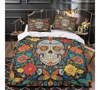 sugar skull 3D Print 3-Piece Quilt Cover Mexican folk art style Bed Cover Set Anti-Bacterial Microfiber Concealed Zipper Non-Allergenic for Toddlers Kids Super king（260x220cm）