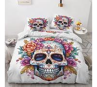 Sugar Skull Bedding Double Duvet Cover Set - Mexican Day of the Dead Reversible Patterned Quilt Cover Set 3 pcs with Zipper Closure and 2 Pillowcases 50x75 cm, Easy Care Soft Microfiber Bed Set