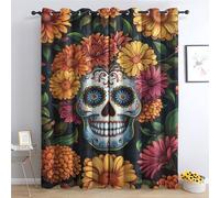 Sugar Skull Bedroom Curtains Blackout - Day of the Dead Mexican Colourful Flower Living Room Curtains 90x108 Eyelet - Soft Thermal Insulated Patterned Drapes for Windows - 2 Panels