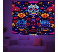 Sugar Skull Blacklight Tapestry, Neon Boho Mexico Floral Skeleton Aesthetic UV Reactive Tapestries, Glow in the Dark Wall Hanging for Bedroom, Living Room, 150x200cm cvhA3731