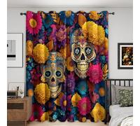 Sugar Skull Blackout Curtains Bedroom 66x90, Day of the Dead Curtains for Home Decor, Living Room, Thermal Eyelet Patterned Window Drapes, 90 Inch Drop 2 Panels （JG863）