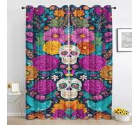 Sugar Skull Blackout Curtains Mexico Bird Flower Day of the Dead Thermal Curtains, Drapes for Bedroom Living Room Home Decor, Eyelet Window Curtain 2 Panels 46 x 90 Inch Drop