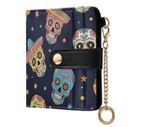 Sugar Skull Blue Pattern Small Women Wallet Bifold PU Leather RFID Blocking Compact Card Holder with Coin Pocket Zipper Purse for Girls Women Ladies