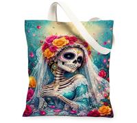 Sugar Skull Bride Floral Art Day Of The Dead Canvas Tote Bag 13x15 Inch | Lace Veil, Vibrant Rose Royal, Gothic Romantic Style, Art Inspired, Artistic Portrait