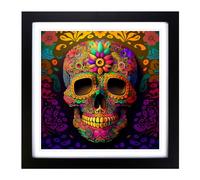 Sugar Skull Color Field Painting Framed Print | 18x18 Inch Black Framed Wall Art | Ready to Hang | Modern Skull Picture | Living Room Bedroom Lounge Office