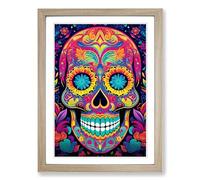 Sugar Skull Colour Field No.2 Framed Wall Art Print, Ready to Hang Picture for Living Room Bedroom Home Office, Oak A2 (48 x 66 cm)