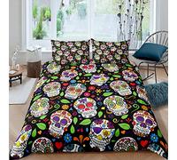 Sugar Skull Comforter Cover Colorful Skull Pattern Bedding Set Bright Floral Flowers Pattern Duvet Cover for Kids Women Men Microfiber Skeleton Design Bedspread Room Decor Bedclothes Single Size