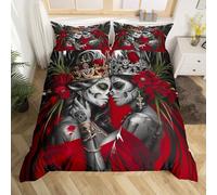 Sugar Skull Couple Comforter Cover Double,Vintage Rose Love Duvet Cover,Gothic Skeleton Lover Bedding Set Valentine'S Day Gift Quilt Cover for Women Men Adults