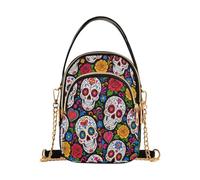 Sugar Skull Crossbody Bag Shoulder Handbag for Travel Work Everyday Use | Day Dead Black Zip Wallet Carry-on bag for Women, with Removable Chain, 5.91×3.15×8.27 Inches, 2L