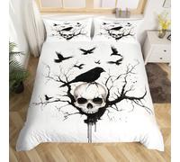 Sugar Skull Crow Bedding Set Single Size,Vintage Halloween Theme Comforter Cover Set for Kids Girls Boys Room Decor,Natural Botanical Plants Duvet Cover Breathable(No Comforter),Dark Black White
