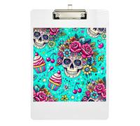 Sugar Skull Cupcake Teal Clipboard Acrylic Writing Boards Travel Clipboard with Low Profile Metal Clip for Students, Women, Man 12.5 x 9 Inches
