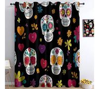 Sugar Skull Curtains with Grommet Top, Black Background with Colourful Floral Hearts Pattern, Day of the Dead Style Darkening Window Drapes for Bedroom & Living Room, W 29.5" x L 65" (2 Panels)