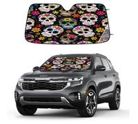 Sugar Skull Day of The Dead Car Windshield Sun Shade, Foldable UV Protection Front Window Sunshade with Suction Cups, Heat Blocking Reflective Sun Visor for Cars SUVs Trucks 139.7 x 70 cm