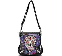 Sugar Skull Day of the Dead Cross Bone Rock Metallic Purse Skeleton Leather Purse Women Crossbody Handbag Shoulder Bag, Purple#2, L, Women's Western Style Handbags With Wallet Set