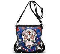 Sugar Skull Day of the Dead Cross Bone Rock Metallic Purse Skeleton Leather Purse Women Crossbody Handbag Shoulder Bag, R.blue, L, Women's Western Style Handbags With Wallet Set